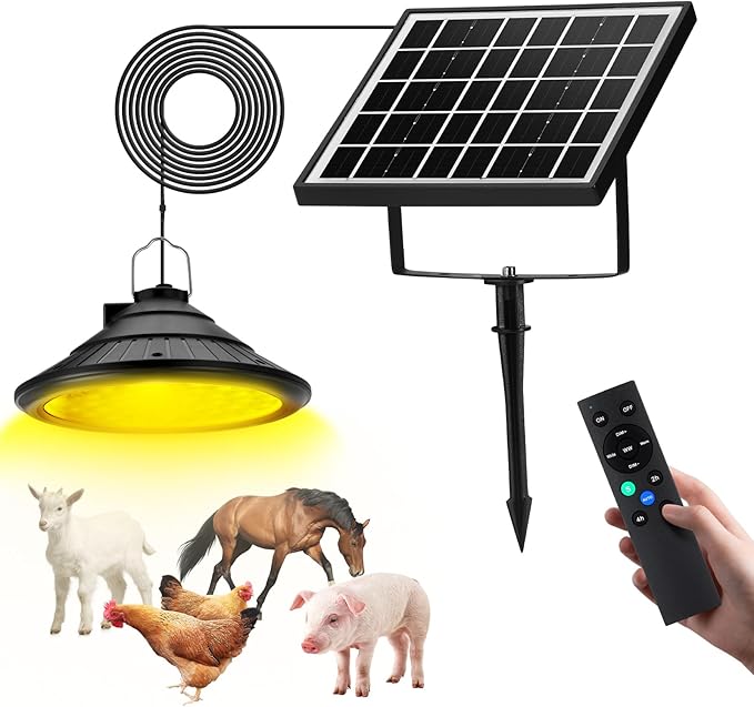 Solar Chicken Coop Light with Timer | Three-Color Dimmable LED, IP66 Waterproof Hanging Ceiling Pendant Light Suitable for Poultry Farms,Coops,Patio,Camping,Garage etc