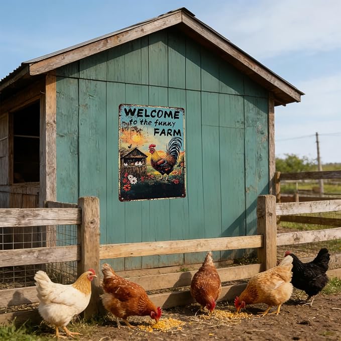 Chicken Decor Vintage Chicken Coop Signs Welcome To My Funny Farm Sign Retro Rooster Decor for Home Garden Outdoor Yard Farmhouse 12x8 Inch
