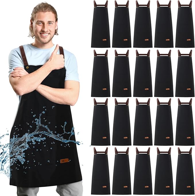 20 Pack Waterproof PVC Aprons Black Heavy Duty Apron with Adjustable Neck Strap Kitchen Apron for Cooking, Dishwashing, Salon, Butcher, Lab, Painting, Ideal Gift for Chef