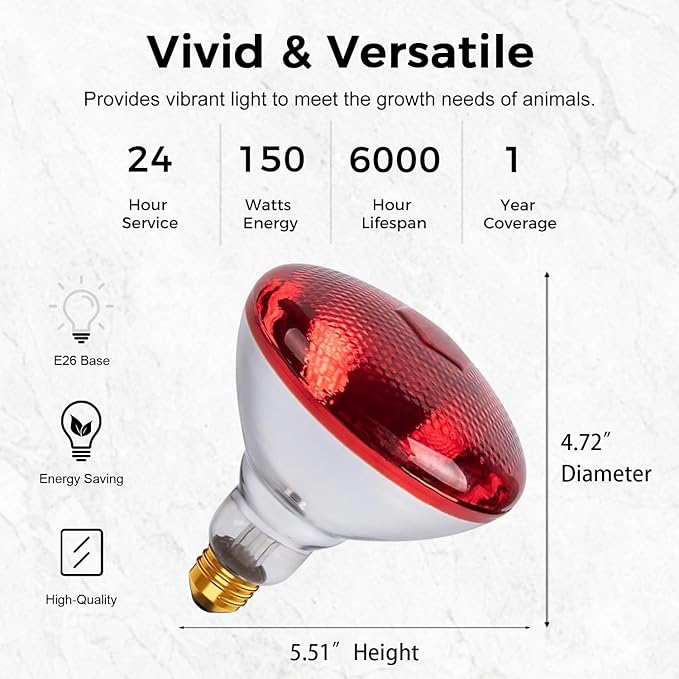 Infrared Heat Lamp for Chickens, 150 Watts Red Heat Lamp Bulb, Heat Light Bulb for Brooder Coop, Food Service, Chicks, Pet, Reptile, 1 Pack