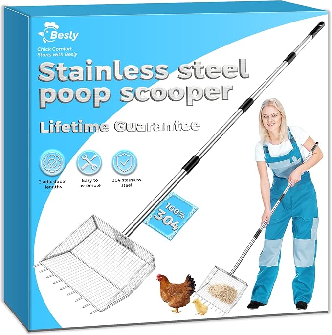 304 Stainless Steel Chicken Poop Scooper with 35" to 62" Adjustable Handle, Chicken Poop Scooper & Rake 2-in-1, Coop Cleaning Tool Scoop, Sifting Shovel for Goat Stall/Stable/Farm