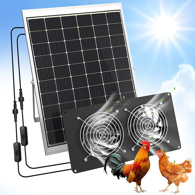 Chicken Coop Solar Powered Dual Metal Shell Fan Kit, 20W Solar Exhaust Fan IPX7 Monocrystalline Solar Panel Ventilation Air Cooling Fans for Chicken Coops, Greenhouses, Sheds, Dog Houses Plug & Play
