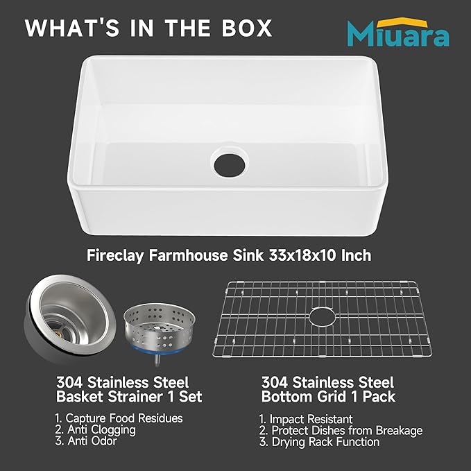 Miuara Farmhouse Sink 33 Inch - Apron Front Kitchen Sink Reversible 33"x18"x10", Undermount Installation, Farm House Style Single Bowl, Solid Fireclay, Glossy White, for Kitchen