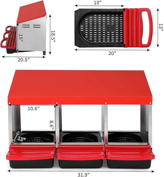 3-Compartment Chicken Nesting Boxes with Perch Cover, Roll Out Brooder Box for Chicks, Pull Out Egg Collection Tray and Protection, Durable Steel & Plastic Construction, Chicken Coop (Red)