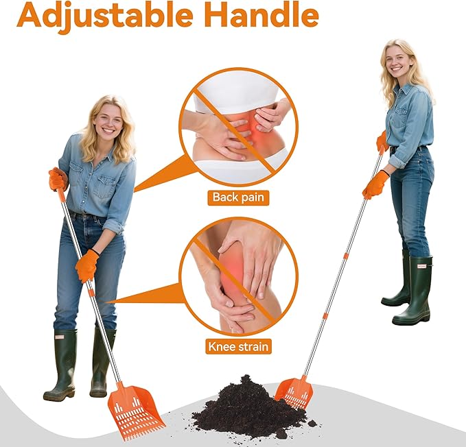 Chicken Poop Scooper with Rake - Lightweight Chicken Poop Shovel for Small Farm Animals - Sand Sifting Shovel with Adjustable Long Handle (38-67'') - Easy to Use for Women & Seniors (Orange)