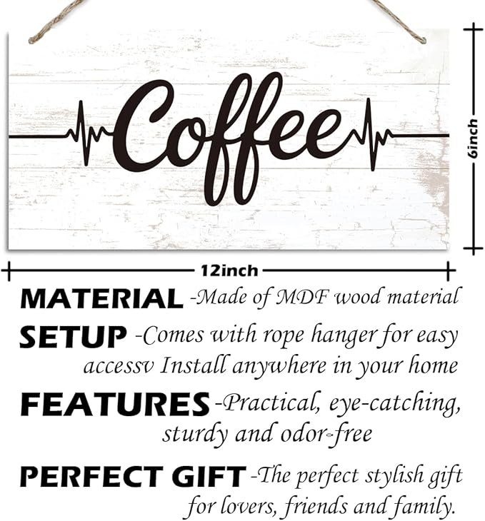 Coffee Bar Wooden Hanging Decor, Coffee Heartbeat Frequency Decoration Sign, Vintage Kitchen Decor, Wood Grain Retro Sign, Cafe Decoration with Rope Hanging 12 x 6 Inches