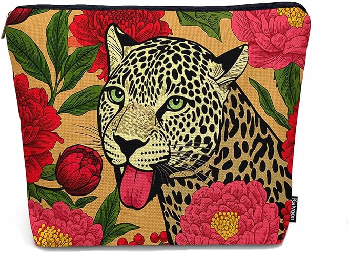 Woman Makeup Bag Leopard, Wildlife Leopard Panther Peonies Red Makeup Bags Travel Cosmetic Bags Toiletry Makeup Organizer Pencil Pouch Make Up Cosmetic Bag For Owners Lady Birthday Gifts