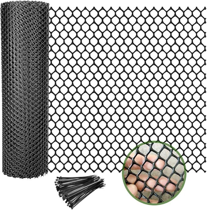 Plastic Wire Mesh Fence, 15.7IN x 59FT, Black, Poultry Animal Barrier Fence, Garden Netting with 200 Zip Ties
