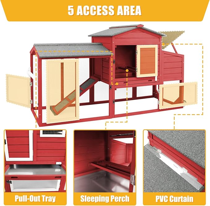 PetsCosset 136" Chicken Coop with Wheels, Backyard Wooden Hen House Outdoor for 1-6 Chickens, 2 Story Poultry Cage Chicken Coop and Run, Nesting Box, Pull Out Trays, Set of Two, (Red)