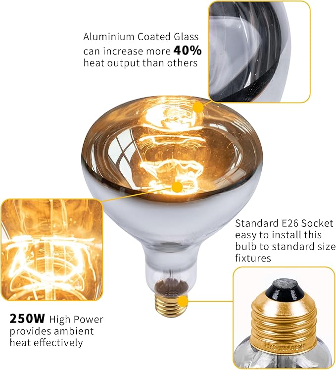 250 Watt Heat Lamp Bulbs, Clear Incandescent Heating Outdoor Light Bulb for Bathroom, Shower, Chickens, Chicks, Ceiling, Reptile, Food, Plants, Medium E26 Base - 6 Pack