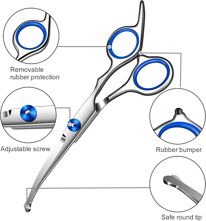 Dog Grooming Scissors with Safety Round Tip,Professional Dog Grooming Kit,Dog Hair Shears Set,Incude Thinning、 Curved、Straight Scissors and Comb. Suitable for The Right Hand