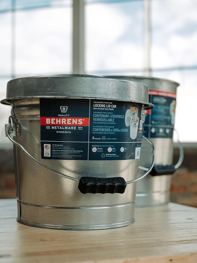 Behrens 6 Gallon Galvanized Steel Storage Can or Waste Bin w/Locking Lid & Handle (2 can, 2 Black Grip)