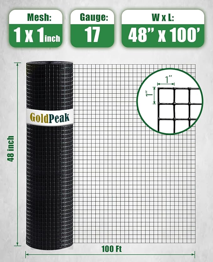 GoldPeak Black Hardware Cloth 1 inch Mesh 48x100 17 Gauge, Vinyl Coated Wire Mesh Roll Chicken Wire Fencing Wire Fence Roll Tree Guard Wire Mesh Fence Rat Wire Garden Fencing