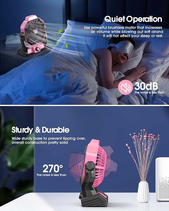 Rechargeable Solar Fan,【Max 60H Runtime】Camping Fan with Solar Panel, 10W 9-Inch Battery Operated Fans for Outside, LED Lantern, Stepless Speed Battery Powered Solar Tent Fans for Outdoor, Barbecue
