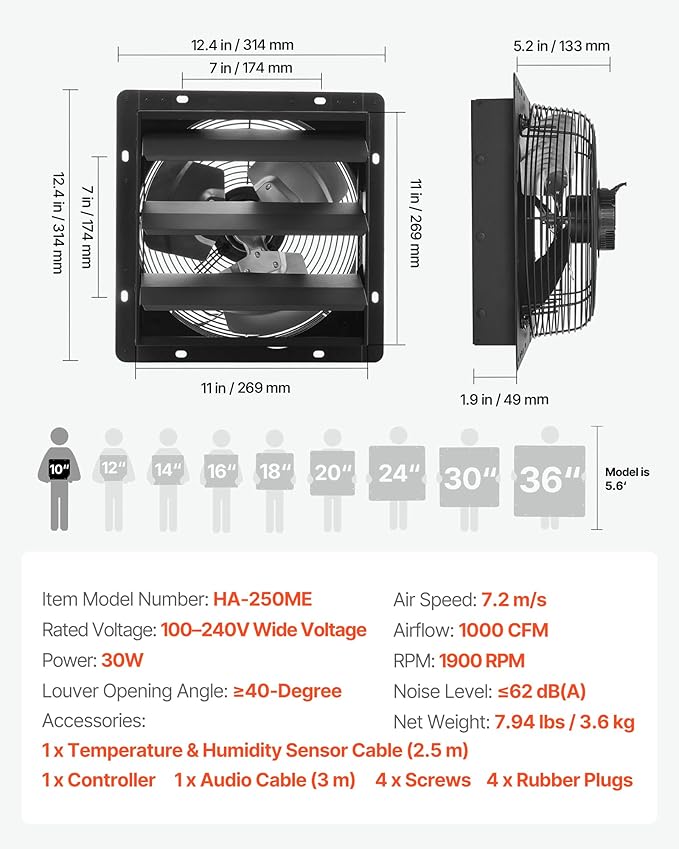 VEVOR 10 inch Exhaust Fan, Wall Mounted Attic Fan with Variable Speed, Temperature & Humidity Controller, 1000 CFM, Automatic Shutter