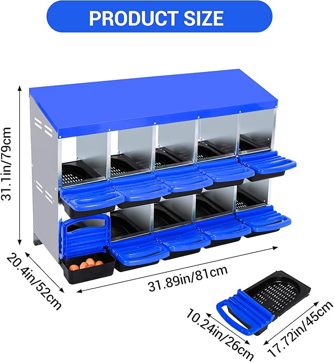 Chicken Nesting Box 10-Hole Roll Away Egg Laying Box with Lid, Galvanized Steel Rustproof Poultry Coop Box, Easy Clean, Wall Mountable No Bracket Needed for Hens, Blue