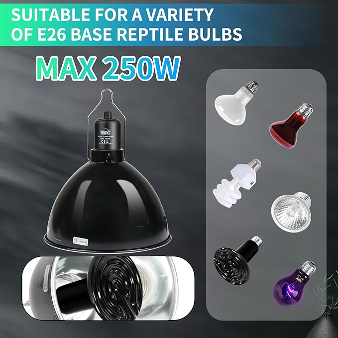 LUCKY HERP Reptile Light Fixture with Dimming Thermostat & Timer, Aluminum 8.5inch Dome Reptile Lamp Fixture, Heat Lamp Fixture for UVB Bulb Basking Heat Bulb