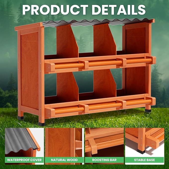 2-Tier Chicken Nesting Box, 6 Compartment Wooden Nesting Box for Chickens with Waterproof Roof, Non-Slip Stable Base, Heavy Duty Chicken Laying Boxes for Hens, Duck, Poultry, Bird, Orange