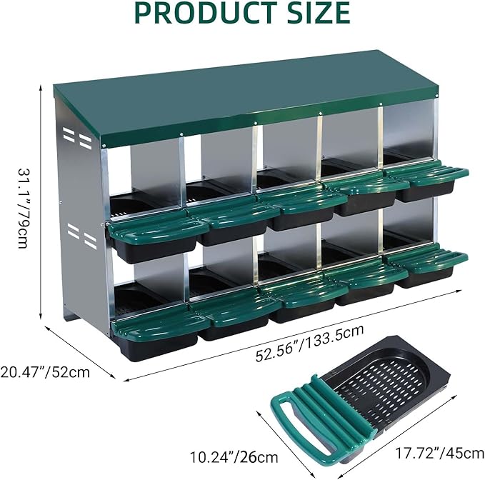 Nesting Boxes for Chickens, Chickens Laying Boxes for Chicken Coop, 10 Compartments Chicken Nesting Boxes, with Removable Tray, Easy Cleaning, for Hens Outdoor Chicken Coop Farm Yard, Green