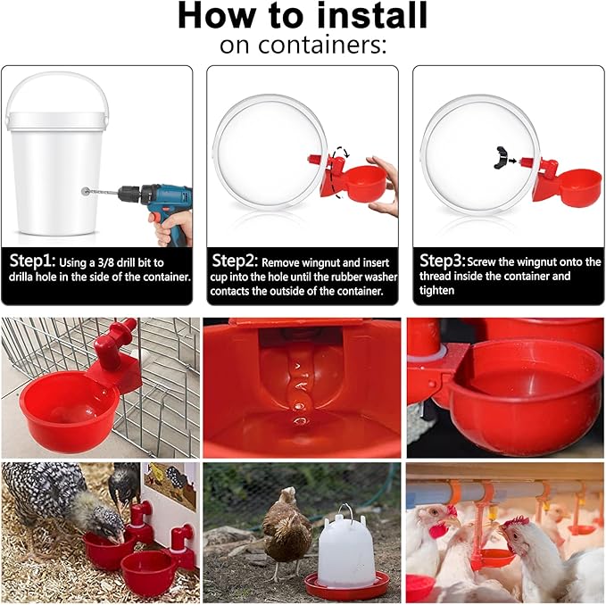 Chicken Water Cup Waterer for Poultry, 3/8 in Automatic Filling Waterer Poultry Drinking Bowl Chicken Water Feeder, Automatic Poultry Drinking Bowl for Duck Turkey Rabbit Geese Farm (12)