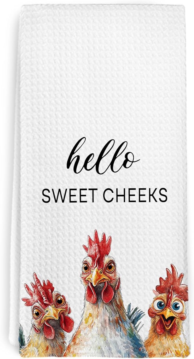 Funny Chicken Rooster Gifts Kitchen Towels and Dish Towel, Hello Sweet Cheeks Bathroom Decor, Rooster Decor Hand Towels, Chicken Decorative Dish Tea Hand Towel for Bathroom Kitchen, 16x24
