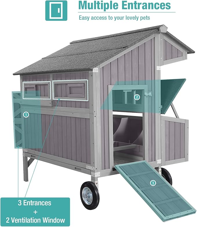 Outdoor Chicken Coops with Large Wheels,Wooden Hen House with 3 Nesting Boxes Leak Proof Pull-on Tray and UV-Resistant Roof Panel