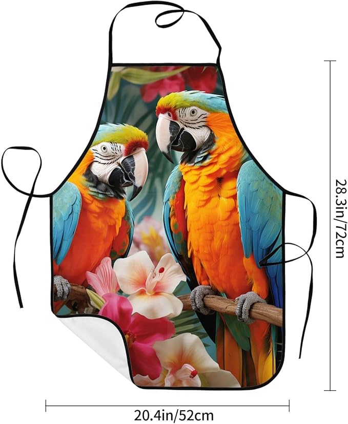 Kitchen Aprons for Men Women Waterproof Apron with 2 Pockets Tropical plants and parrots Apron Adjustable Bib Aprons