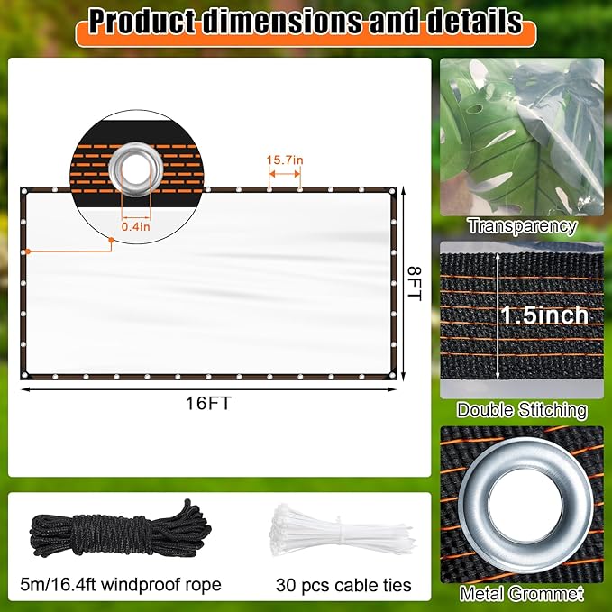 ZYP 8x16 FT Heavy Duty Clear Waterproof Tarps Outdoor Garden Rainproof Covering,Clear Vinyl Tarp with Grommets,Transparent Waterproof Tarpaulin for Covering Henhouse Porch Canopy Plant Camping