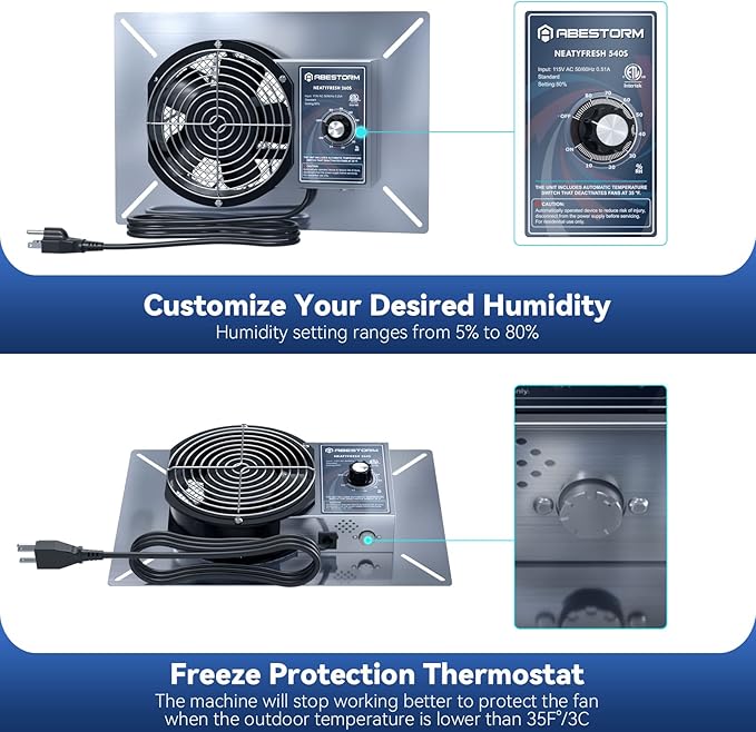 Abestorm 260CFM Crawl Space Ventilation Fan, IP-55 Rated Commercial Stainless Steel Vent Fan with Humidistat & Thermostat, 6.7 Inch Ventilator with Isolation Mesh for Crawlspace, Basement, Garage