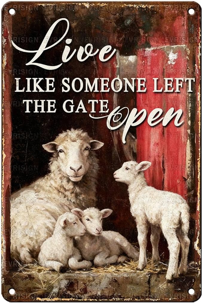 Vintage Sheep Tin Sign Live Like Someone Left The Gate Open Retro Farm Life Metal Sign Nostalgic Rustic Wall Decor Decorations for Home Outdoor Farmhouse Bedroom Cafe Kitchen 12 * 8In