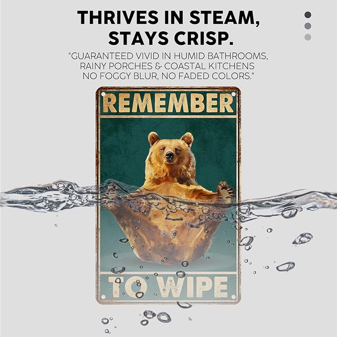 Vintage Bear Tin Sign Remember To Wipe Retro Bathroom Metal Sign Nostalgic Wall Decor Decorations for Home Toilet Cafe Kitchen Bar Man cave 12 * 8In