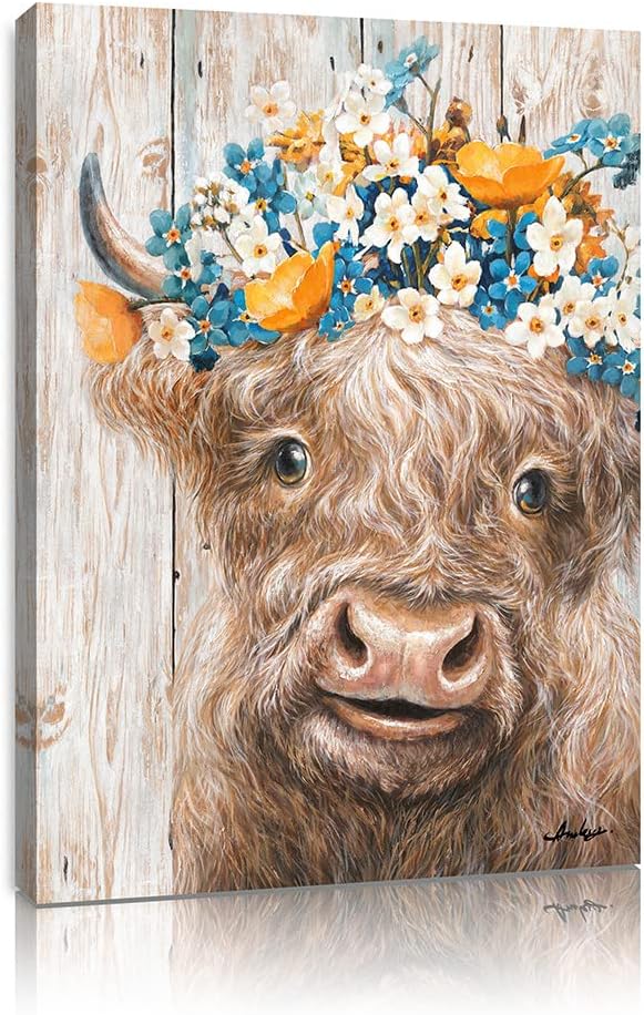 Yidepot Cow Wall Art Farmhouse Decor: Rustic Pretty Furry Cattle Print Wearing Wreaths for Bedroom Cute Abstract Vintage Cow Stuff Artwork Framed Ready to Hang Size 12"x15"