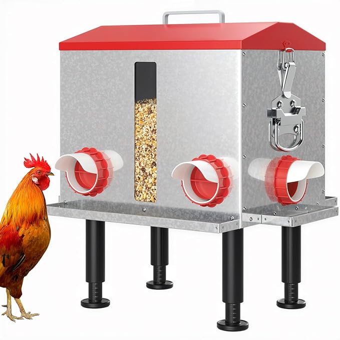 Pawaboo 55LBS Large Capacity Automatic Chicken Feeder - 2026 Upgraded No Waste Poultry Feeder, 7 Feeding Ports, Viewable Feed Level Window, Height-Adjustable Legs + Wobble-Free Stability
