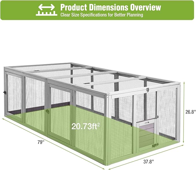 GUTINNEEN Large Chicken Run Extension with 20.73 sq.ft Space, Sliding Chicken Door, 1/2" Galvanized Wire, Secure Locks & Easy-Access Doors, Cozy Coop Chicken Cage Poultry Cage Outdoor