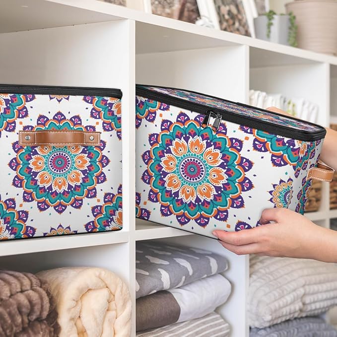 Floral Boho Storage Bins with Zipper Lid Fabric Storage Containers for Clothes Collapsible Closet Storage Basket with Metal Frame 1 Pack