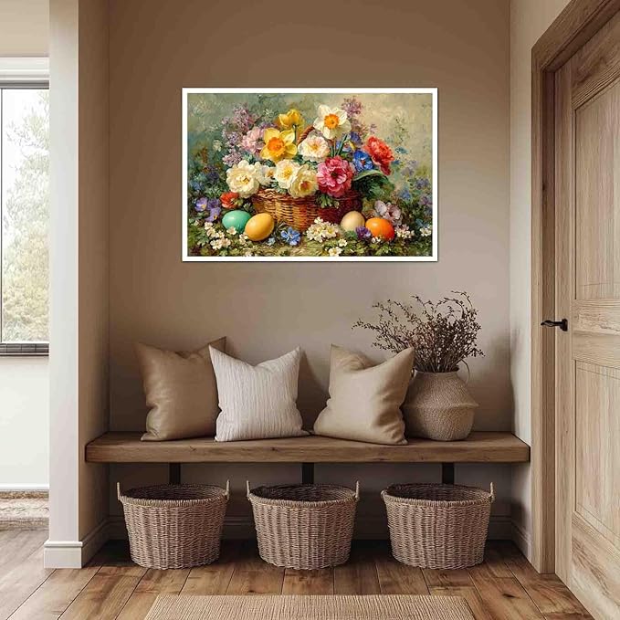 MNFGMH Easter Pictures Wall Decor Flower Baskets and Easter Eggs Spring Botanical Canvas Art Easter Pictures for Wall Farmhouse Style Artwork Canvas Roll 24x36 inch