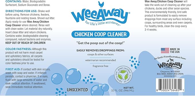 Wee Away Coop Refresher & Droppings Remover for Chickens, Enzyme Cleaner for Bird Poop, Odor Eliminator for Outdoor Chicken Coops, Unscented, 32oz