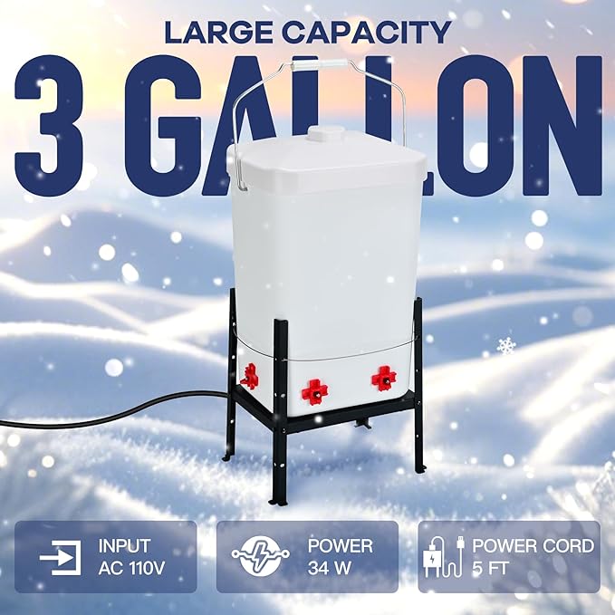 Heated Chicken Waterer, Thermostatic Water Heater 3 Gallon, 4 Horizontal Nipples, 5FT Power Cord, Detachable Legs, Outdoor Winter-Proof Poultry Water Heater for Chickens, Ducks, Geese