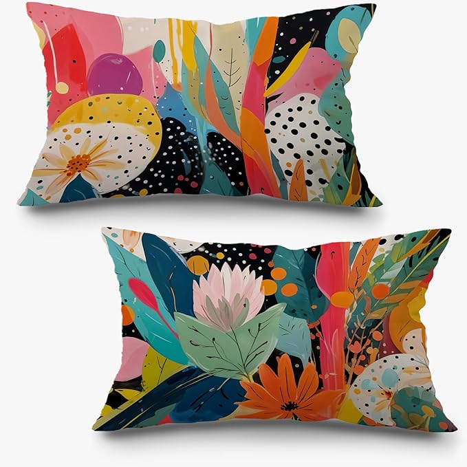 Abstract Boho Floral Pillow Covers 12x20 Set of 2, Maximalist Colorful Flower Botanical Lumbar Throw Pillow Covers for Home Bedroom Living Room, Modern Room Decor