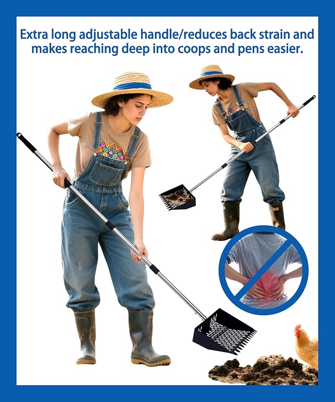 Chicken Poop Scooper and Rake 2-in-1, Metal Chicken Coop Scoop - 32 to 62" Adjustable Handle Sand Sifting Shovel Cleaning for Chicken Coops Animal Pens, Reinforced Joint