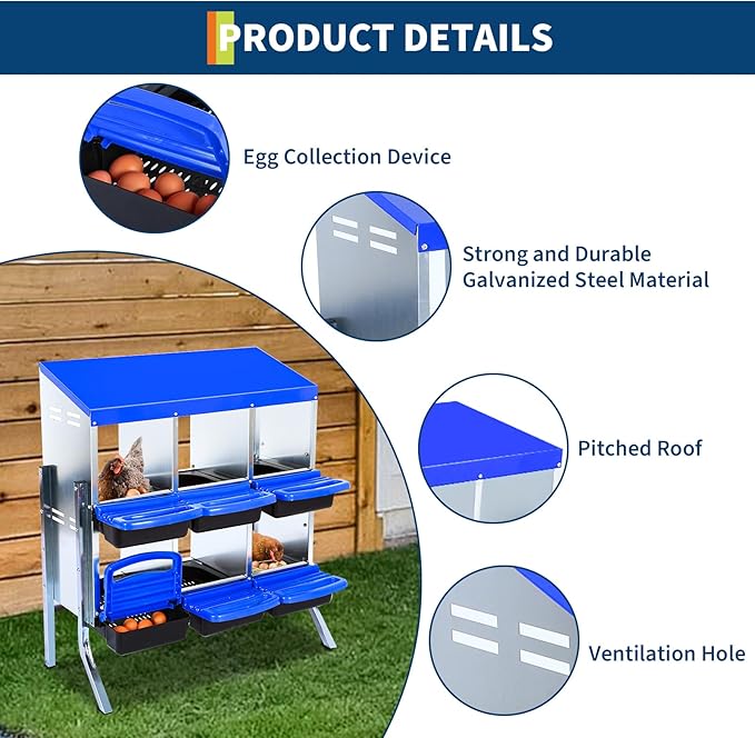 Chicken Nesting Box,Chicken Laying Boxes with 3 Compartment Metal Stainless Steel,Chickens Egg Laying Nest Boxes with Stand & Rollout Egg Collection,Chicken Brooder Box with Perch, Blue