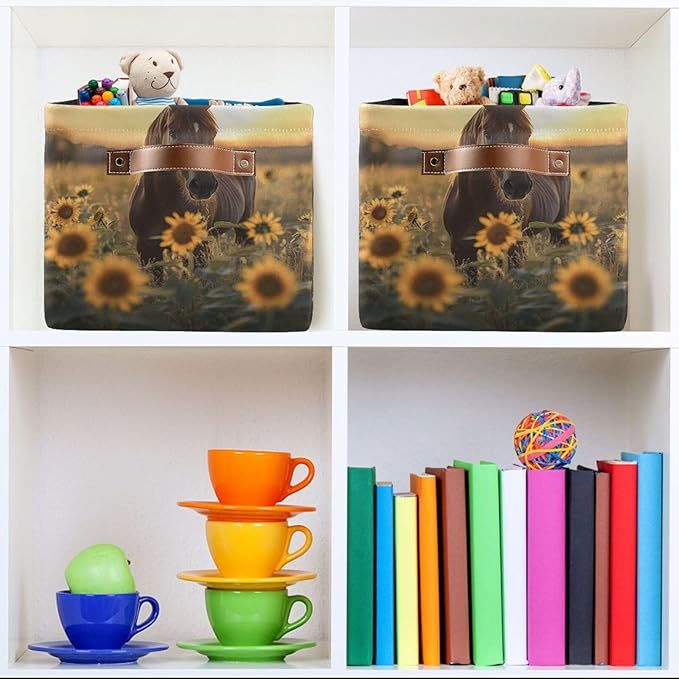 JIPONI Horse Sunflower Fabric Storage Bins for Shelves, Decorative Storage baskets for organizing, Closet Organizer with Handle for Cloth, Toys