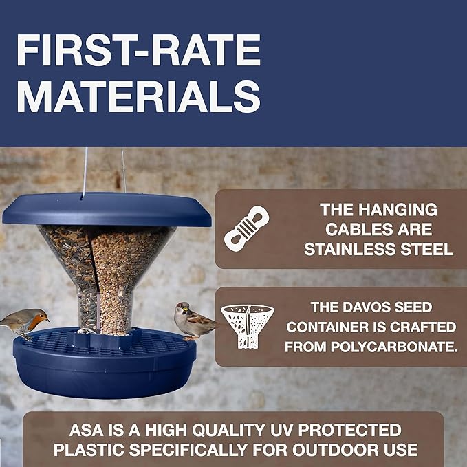 SWISSINNO Bird Feeders - No Mess Hanging Bird Feeder for Outdoors - Smart Birds Davos Spill Proof Wild Cardinal & Small Bird Feeder with Integrated Seed Catcher Tray - Dual Chamber - Indigo