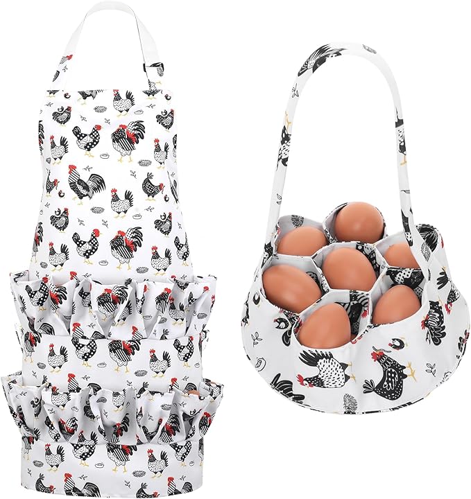 Egg Collecting Apron and Basket, 14 Pouches Chicken Egg Apron with 7 Pouches Basket, Aprons for Fresh Eggs for Chicken, Duck, Goose, Bird, Various Poultry Collection