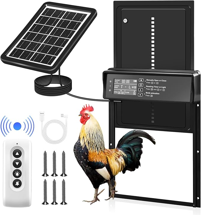 Automatic Chicken Coop Door Solar Powered, Automatic Chicken Door with Timer, Light Sensor, 4 Modes and LCD Display, Aluminum Alloy Auto Chicken Door, Anti-Pinch & Weather Proof