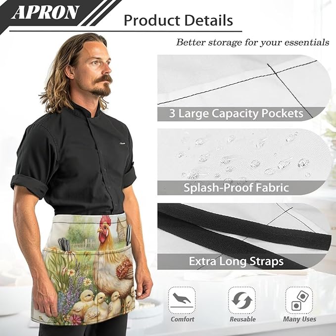Waistress Apron with Pockets Coffee Waiter Apron Long String Chef Half Aprons for Cooking Kitchen Hairdresser