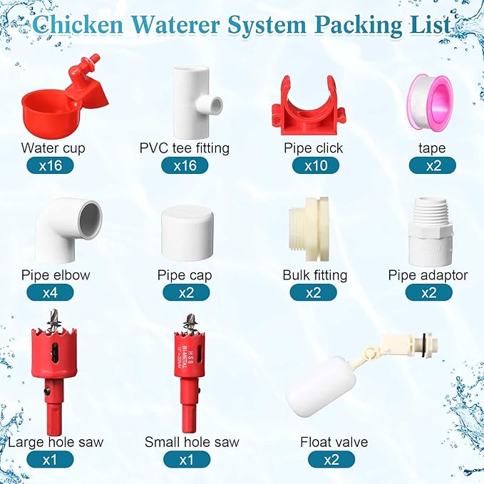 Complete Set Pipeline Automatic Poultry Nipple Waterer, 1/2" PVC Tee Fittings and Other Parts for Chicken, Turkey, Duck, Pigeon, Quail Feeding and Watering