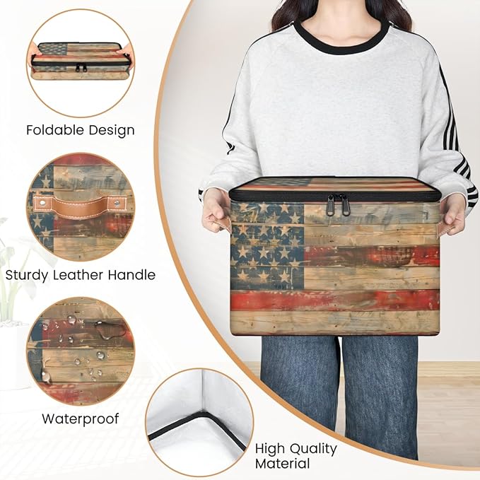 American flag Storage Bins with Zipper Lid, Vintage Wooden Lidded Storage Baskets Boxes Foldable Organizer with Leather Handles for Clothes Closet Shelf