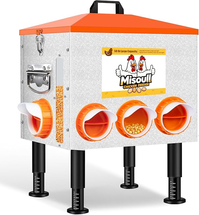 Upgraded Automatic Chicken Feeder, 50 LBS Large Rust-Proof Alloy Steel Chicken Feeders No Waste with 8 Feeding Ports, 2 View Windows, Poultry Feeding Equipment with Adjustable Legs