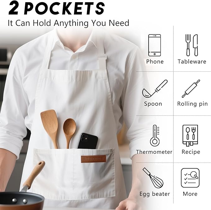 ATROPOS 2 Pack White Adjustable Bib Cooking Apron Waterdrop Resistant with 2 Pockets Aprons for Men Women - Suit for Kitchen And Outdoor BBQ (35.8IN x 26.8IN White)
